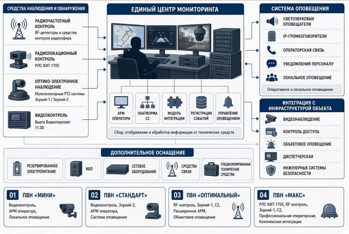 Архитектура комплекса поста воздушного наблюдения: средства обнаружения, операторская и система оповещения