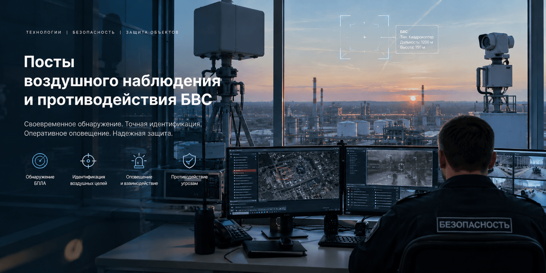 Оператор поста воздушного наблюдения в операторской на фоне промышленной территории